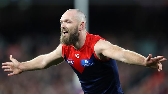 Max Gawn celebrates a goal against Brisbane earlier this season. Picture: Mark Stewart
