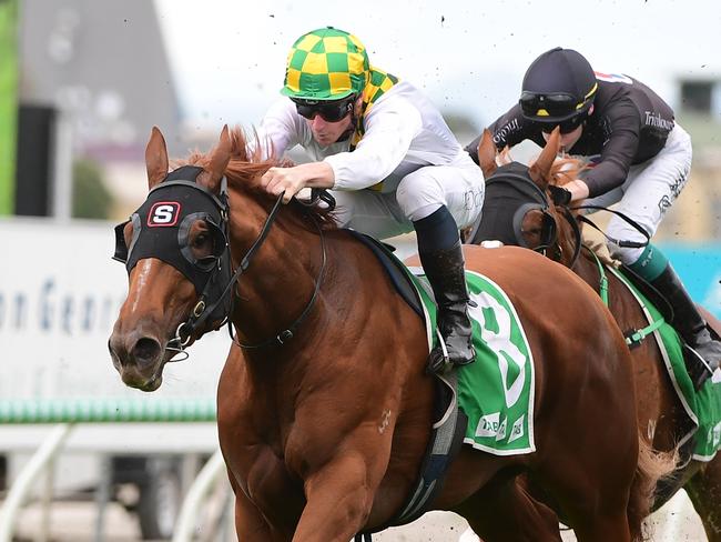 Peter and Paul Snowden's Dynasties holds off Gypsy Goddess to win the Listed Gold Coast Bracelet under James McDonald at Gold Coast, May 7 2022. Picture: Grant Peters-Trackside Photography