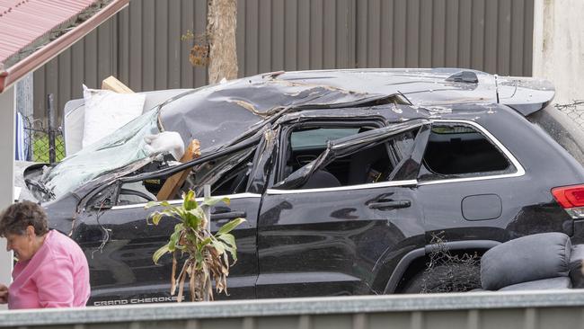 Wreckage of the car after it crashed into the Monfarville St house. Picture: NCA NewsWire / Monique Harmer