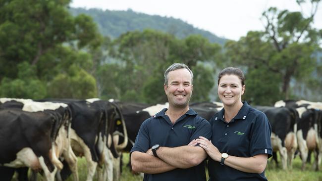 Matt and Alli Reid milk 675 cows at Carlisle River near Colac. Picture: Zoe Phillips