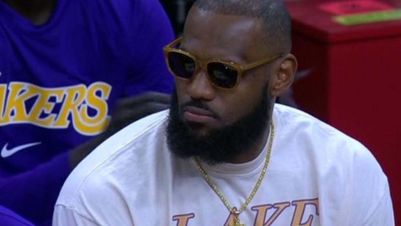 LeBron could only watch the disaster from the sidelines. Pic: Twitter