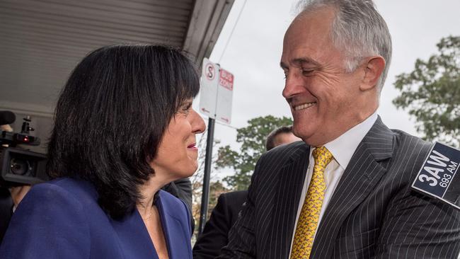 Julia Banks, here with former PM Malcolm Turnbull, dropped her bombshell and “cut Scott Morrison’s legs out from under him”. Picture: Tracey Nearmy/Getty