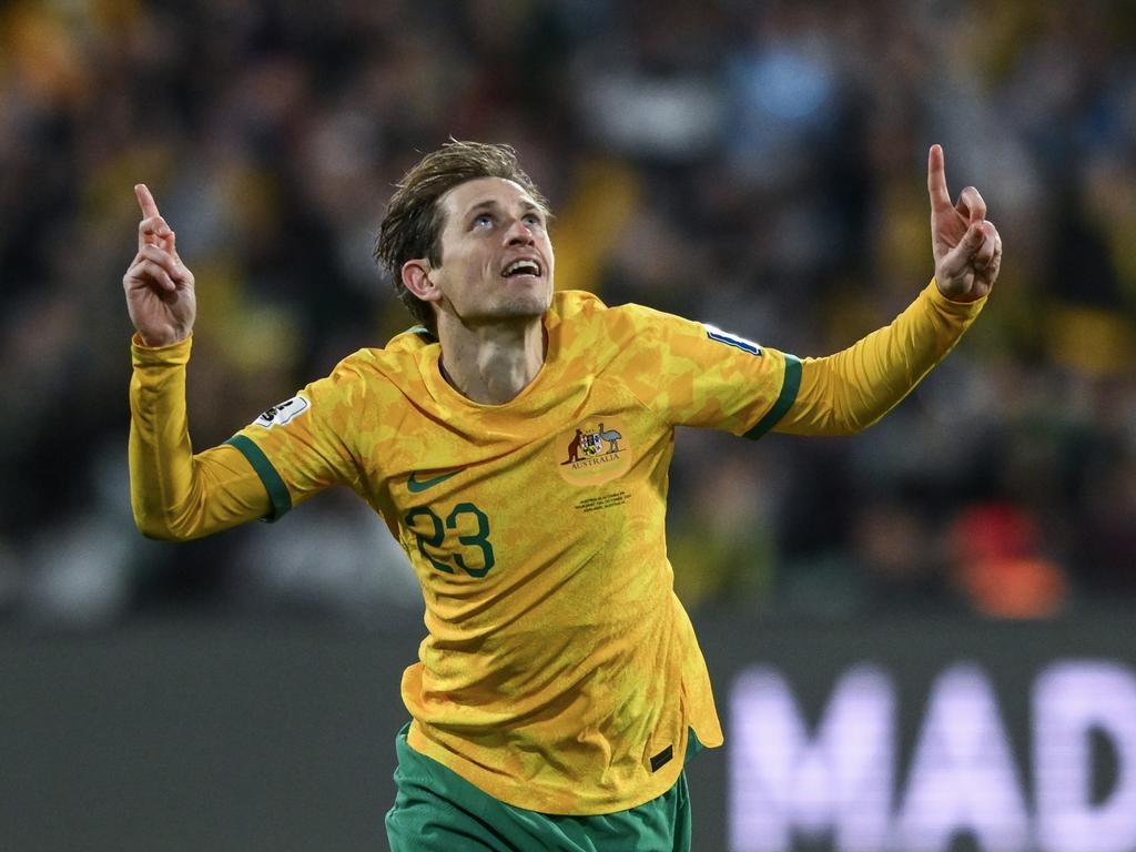 Craig Goodwin scored a screamer to put Australia in front in a man-of-the-match performance. Picture: Getty