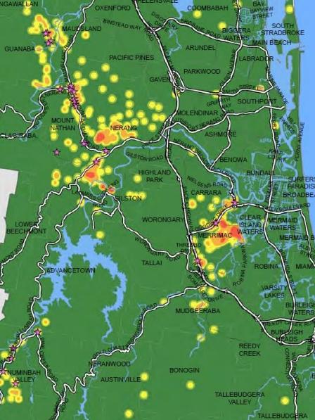 A map showing location of feral deer on the Gold Coast and where car collisions have occurred. Source: Gold Coast City Council report.