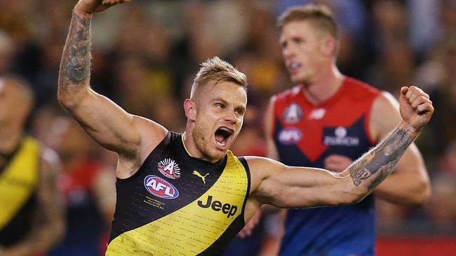 Brandon Ellis celebrates a goal for the Tigers. Picture: Getty Images