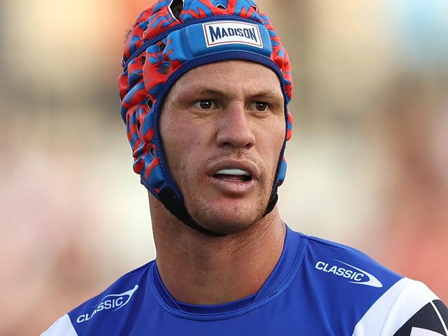 SYDNEY, AUSTRALIA - MARCH 07: Kalyn Ponga of the Knights reacts during the round one NRL match between the Wests Tigers and Newcastle Knights at Campbelltown Sports Stadium on March 07, 2025, in Sydney, Australia. (Photo by Mark Metcalfe/Getty Images)