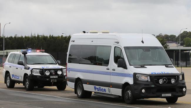 The NSW Police van transporting Sam Ibrahim at Sydney airport on Thursday morning.