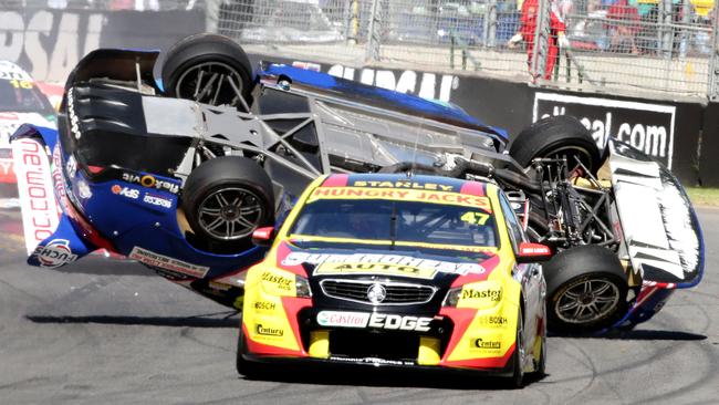 Jason Bright crashes his commodore at the 2014 Adelaide 500. Picture: Sarah Reed