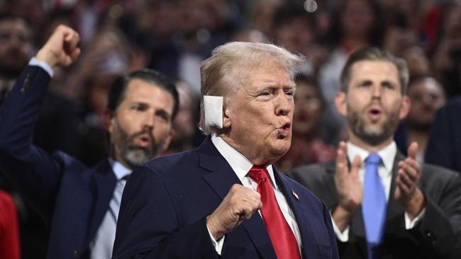 Republican presidential nominee Donald Trump is cheered on by his sons Donald Jr, left, and Eric, right, at the party’s convention in Milwaukee. Picture: AFP