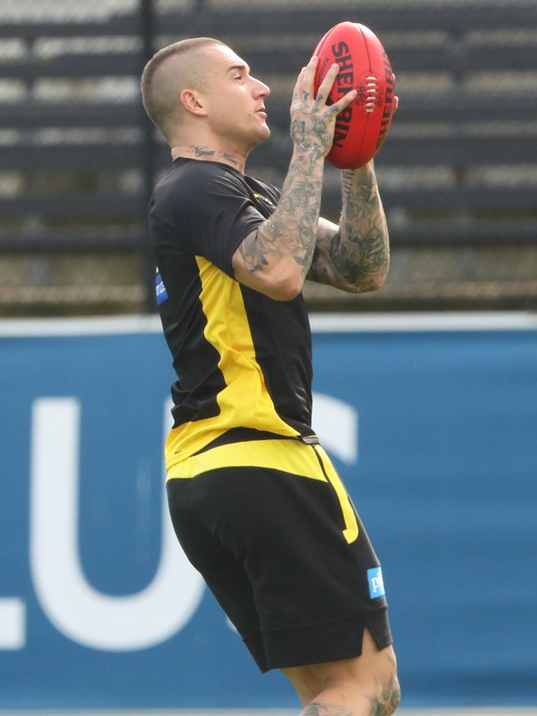Dusty gets his hands back on the ball at Tigers training. Picture: David Crosling