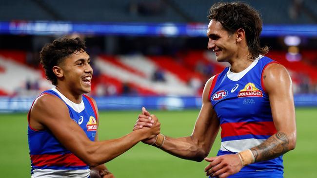 Jamarra Ugle-Hagan celebrates with debutant Arthur Jones. Picture: Getty Images