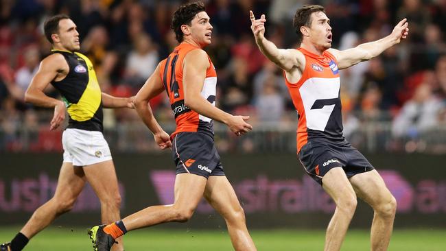 Jeremy Cameron celebrates his game-winning goal against Richmond.