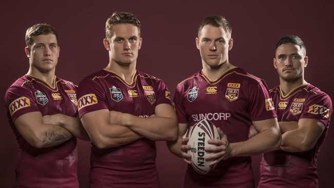 Tim Glasby (second from right) with fellow Maroons debutants Jarrod Wallace, Coen Hess, and Valentine Holmes in 2017.