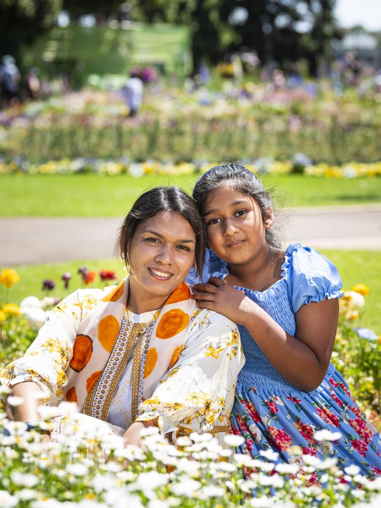 Brisbane visitors Shahrima Tasnin and daughter Sabirah Tasneem in Queens Park for the last day of the Carnival of Flowers, Monday, October 7, 2024. Picture: Kevin Farmer