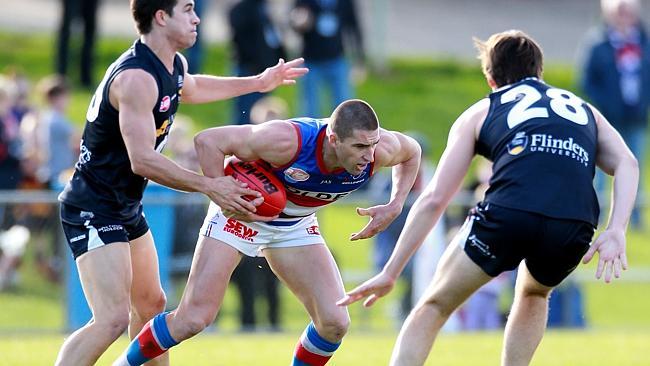 Central District’s Tim McIntyre in action against the Panthers at Noarlunga. Picture: Dylan Coker