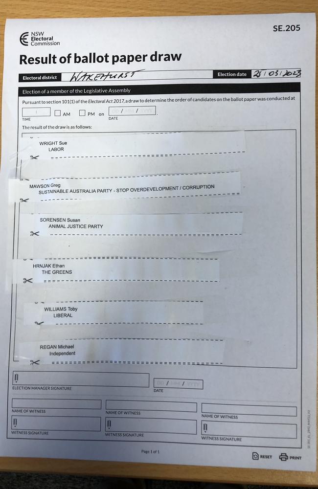 The document showing the official result of the ballot draw for the seat of Wakehurst made at the NSW Electoral Commission's election office at Brookvale on Thursday with Labor candidate Sue Wright getting the prime number one position. Picture: Jim O'Rourke