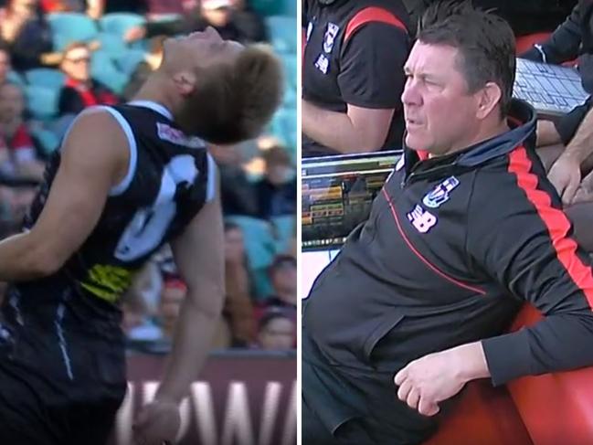 Seb Ross and Brett Ratten react after the midfielder's bad miss against Sydney.