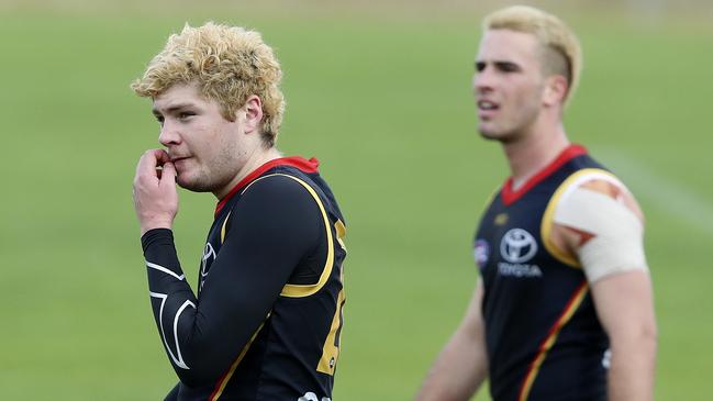 Draftee Harry Schoenberg, left, is pushing hard for a debut at the Crows. Picture: SARAH REED