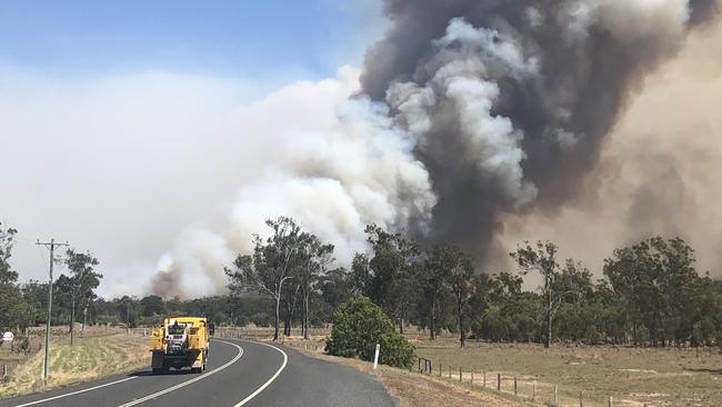 A fast-moving bushfire threatens property at Cobraball on Sunday.