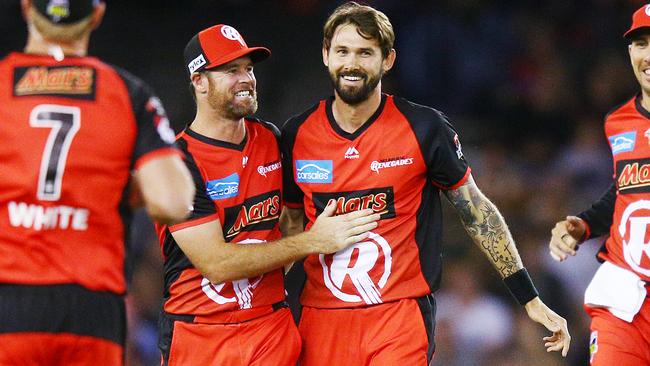 Dan Christian and Kane Richardson celebrate a wicket.