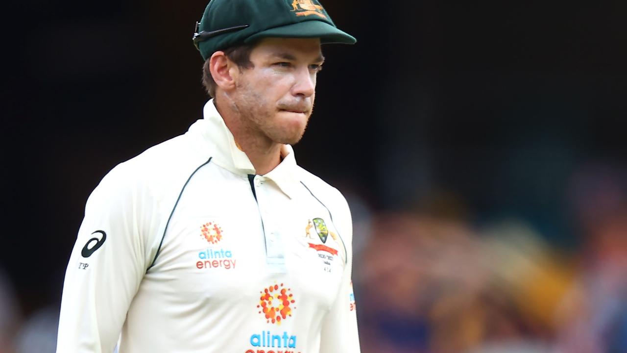 Australia's captain Tim Paine looks on between the overs on day five of the fourth cricket Test match between Australia and India at The Gabba in Brisbane on January 19, 2021. (Photo by Patrick HAMILTON / AFP) / —IMAGE RESTRICTED TO EDITORIAL USE – STRICTLY NO COMMERCIAL USE —