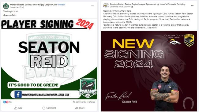 Seaton Reid signing announcement from both Maroochydore Swans and Coolum Colts. Pictures: Facebook.