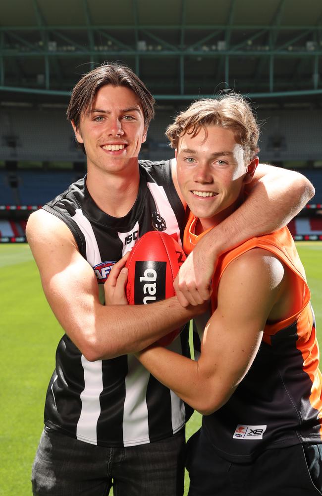 The Geelong products Ollie Henry and Tanner Bruhn after being drafted. Both players are expected to request trades to the Cats in the off-season. Picture: Alex Coppel.