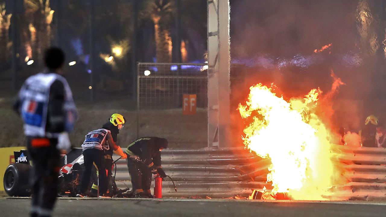 Haas F1's French driver Romain Grosjean was rescued by the medical car crew following an enormous crash in 2020. Photo: Tolga Bozoglu / AFP