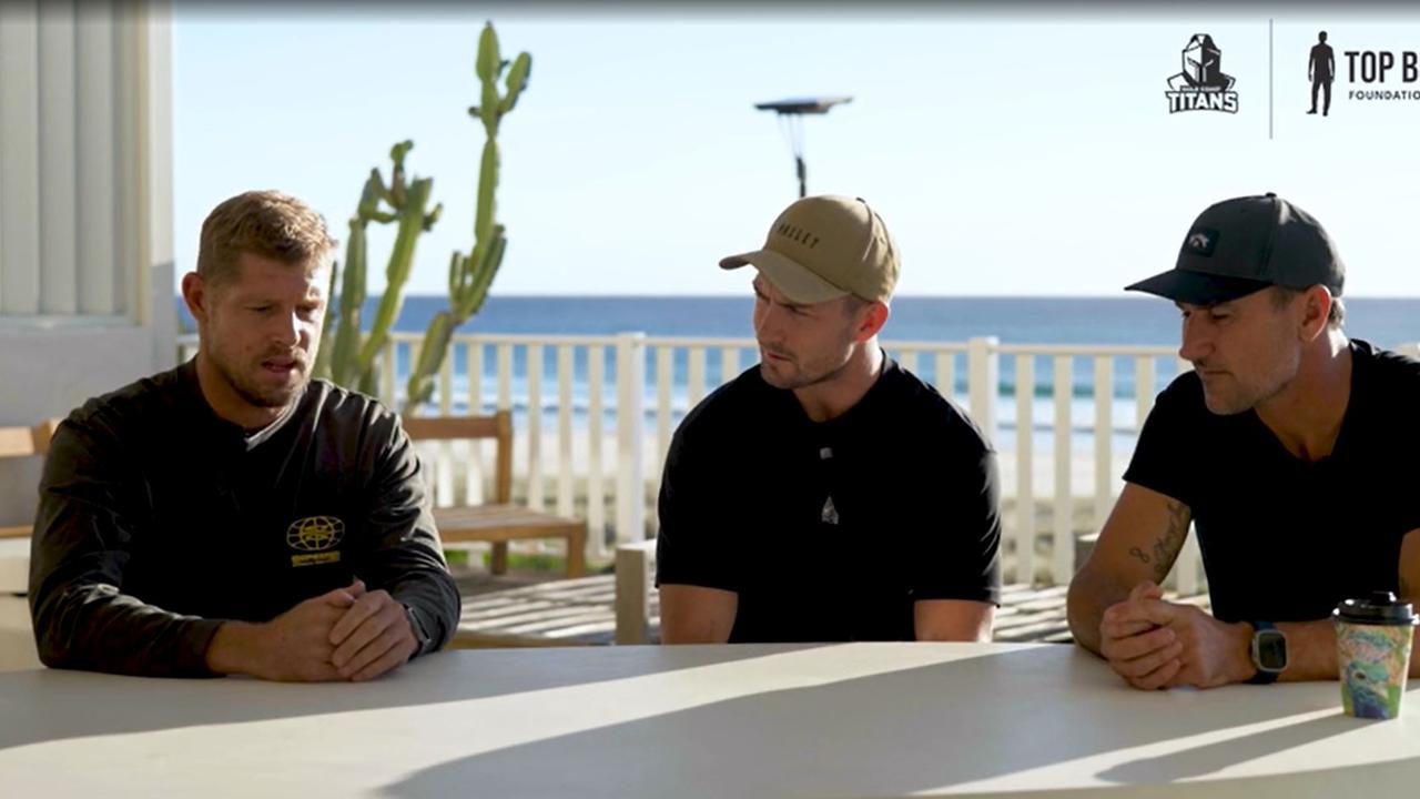 Surfing legends Mick Fanning (left) and Joel Parkinson (right) opened up about their mental health journeys with NRL star and Titans playmaker Kieran Foran. Picture: Supplied / Gold Coast Titans