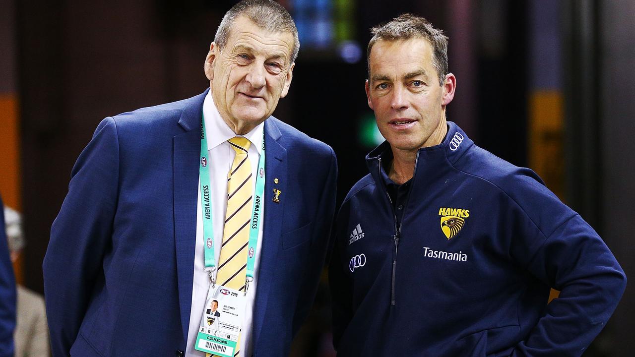 MELBOURNE, AUSTRALIA - JULY 22: Hawks head coach Alastair Clarkson (R) celebrates the win with Hawks President Jeff Kennett during the round 18 AFL match between the Carlton Blues and the Hawthorn Hawks at Etihad Stadium on July 22, 2018 in Melbourne, Australia. (Photo by Michael Dodge/Getty Images)