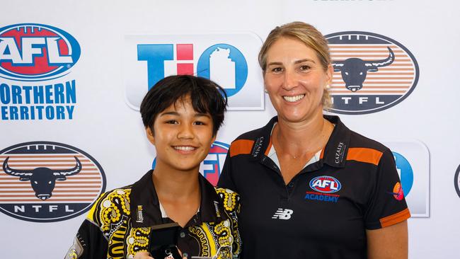 Nightcliff's Peggy Rock with Shannon Miller at the 2023-24 NTFL junior awards night. Picture: Celina Whan / AFLNT Media