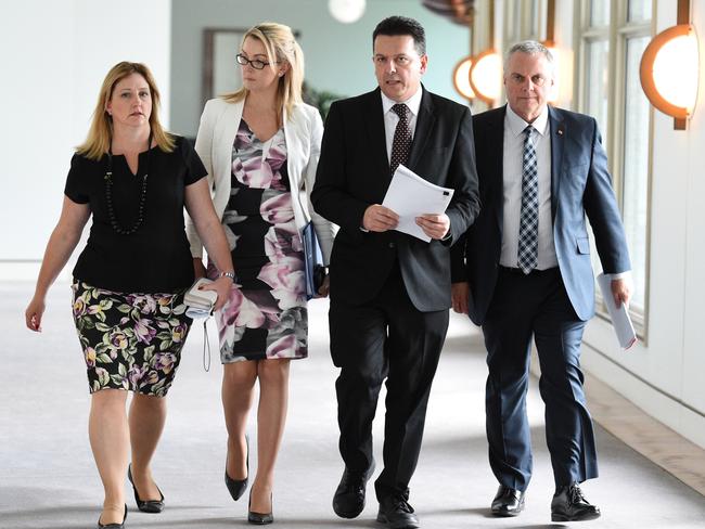 Member for Mayo Rebekha Sharkie, Skye Kakoschke-Moore, Nick Xenophon and Sterling Griff from the NXT. Picture: AAP