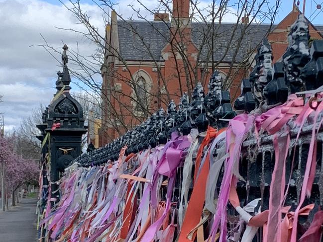 Ribbons to remember sexual abuse victim-survivors outside St Patrick's Catholic Cathedral in Ballarat. Picture: Craig Hughes