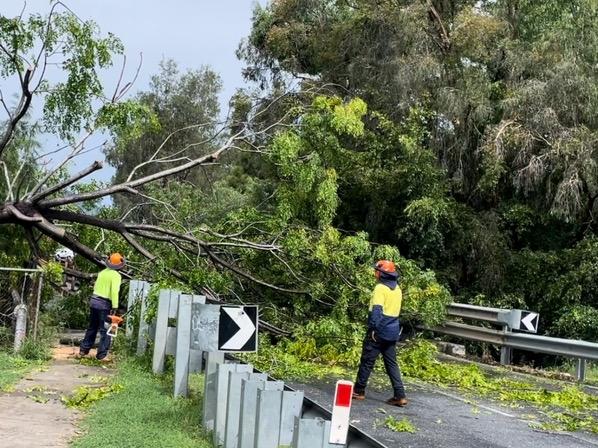 Rockhampton Regional Council workers clear a fallen tree from the High Street Bridge on January 19 following a violent storm.