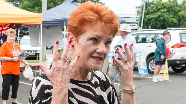 One Nation leader Senator Pauline Hanson at a pre-polling booth in Bundaberg, Queensland, Wednesday, November 22, 2017. Senator Hanson is on the campaign trail ahead of the Queensland state election. (AAP Image/Paul Beutel) NO ARCHIVING