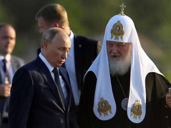 Russian President Vladimir Putin and Orthodox Patriarch Kirill attend the opening of a monument to Prince Alexander Nevsky. Picture: Mikhail Svetlov/Getty Images