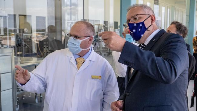 Prime Minister Scott Morrison at the CSL laboratory in Melbourne on Monday. Picture: Getty Images via NCA NewsWire