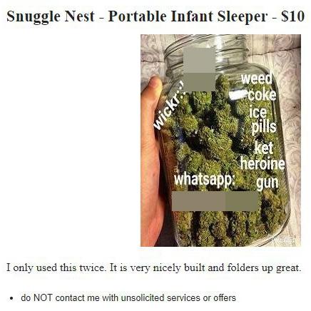 A range of drugs for sale under an ad for a portable baby sleeper. Picture: Craigslist