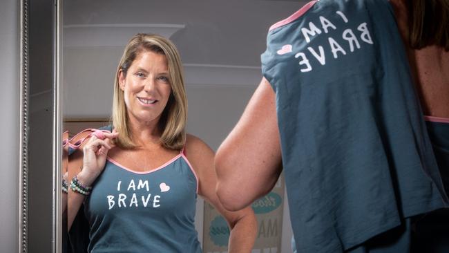 A brave Rebecca Keevers in one of her inspiring sleepwear designs. Picture: Emma Brasier