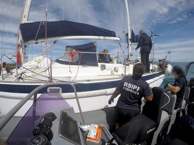 Two Sydney men were arrested in September 2018. A Belgian-registered, double-masted yacht Vieux Malin was searched at a mooring outside the Honiara marina. Picture: AFP