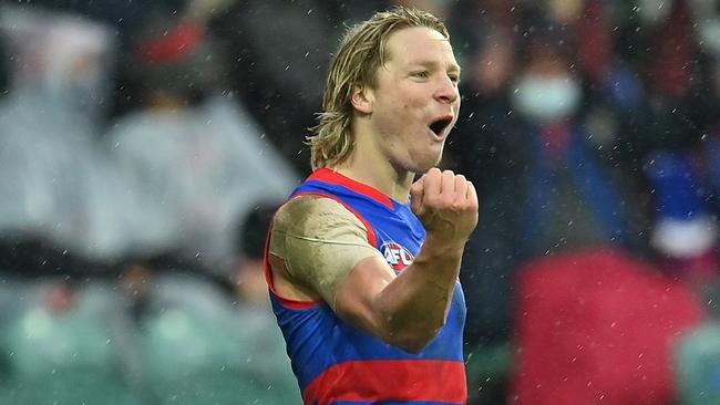 Cody Weightman kicked four goals for the Bulldogs against Essendon. Picture: Steve Bell/AFL Photos/via Getty Images