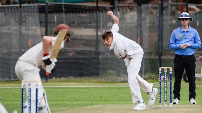 Glenelg left-arm quick Josh Croom in action. Picture: Brenton Edwards