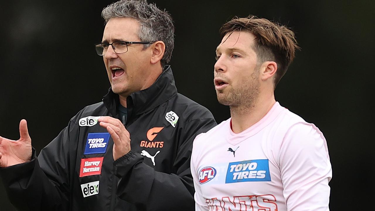 Leon Cameron at Thursday training with co-captain Toby Greene who missed last year’s final and the first five games of the 2022 season through suspension. Picture: Phil Hillyard