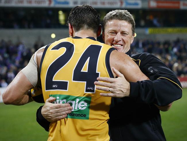 Damien Hardwick with Ben Griffiths. Picture: Wayne Ludbey