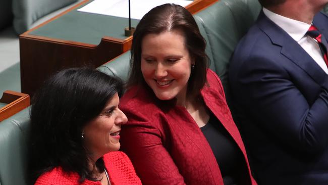 Julia Banks, left, and Kelly O'Dwyer, centre, in the House of Representatives Chamber at Parliament House in Canberra. Picture: Kym Smith