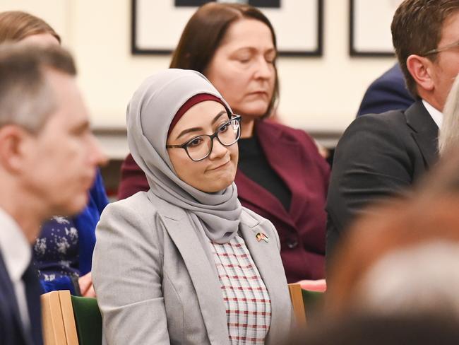 CANBERRA, Australia - NewsWire Photos - June 25, 2024: Senator Fatima Payman during Prime Minister Anthony Albanese address the labor Party Caucus at Parliament House in Canberra. Picture: NewsWire / Martin Ollman