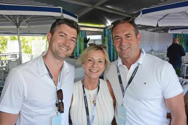 Jason Frawley, Kirsty and Neil Munro in The Lounge at GC500 corporate suites, Main Beach. Pic: Regina King