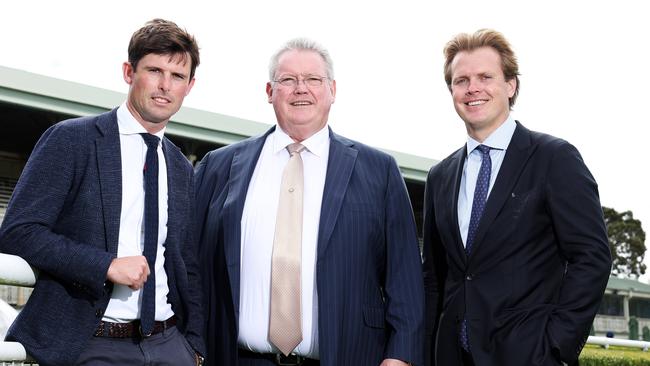 WEEKEND TELEGRAPHS SPECIAL. APRIL 11, 2024. PLEASE CONTACT WEEKEND PIC EDITOR JEFF DARMANIN BEFORE PUBLISHING.Pictured together at Royal Randwick Racecourse today is Anthony Cummings with his sons, James Cummings and Edward Cummings. Picture: Tim Hunter.