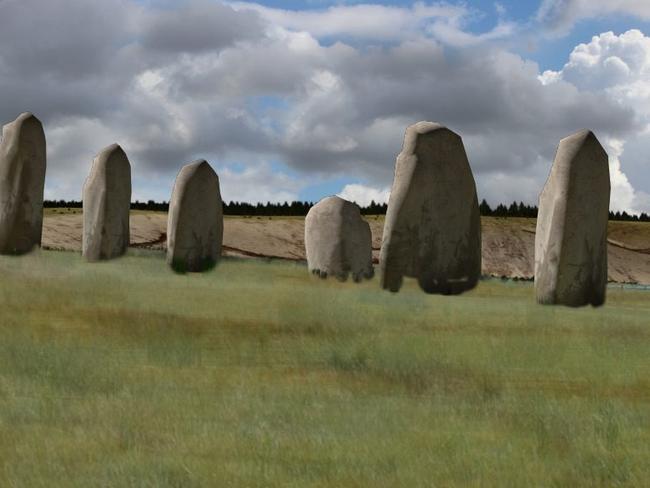 epa04918577 Handout image provided 07 September 2015 by Stonehenge Hidden Landscape Project shows an artists impression of stone monoliths found buried near Stonehenge which could have been part of the largest Neolithic monument built in Britain, archaeologists believe. The 4,500-year-old stones, some measuring 4.5m in length, were discovered under 1m of earth at Durrington Walls "superhenge". EPA/Stonehenge Hidden Landscape Project EDITORIAL USE ONLY/NO SALES