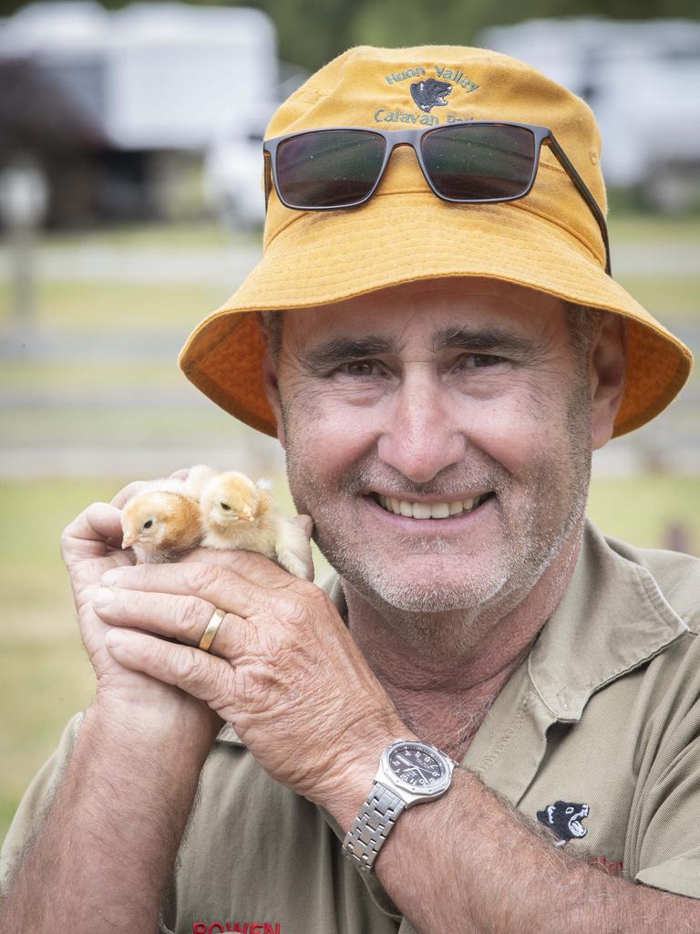 Huon Valley Caravan Park co owner Rowen Carter holding a couple chicks in the farming display area. Picture: Chris Kidd